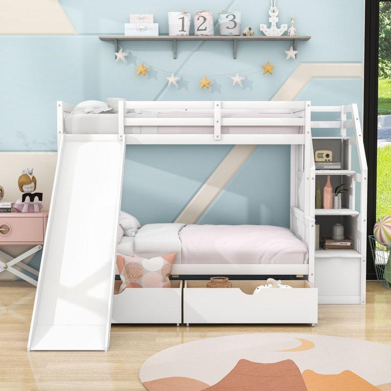 Beyaz Masif Ahşap ve MDF Çekmeceli Dolaplı Kaydıraklı Ranza - 147x246 cm - 246758