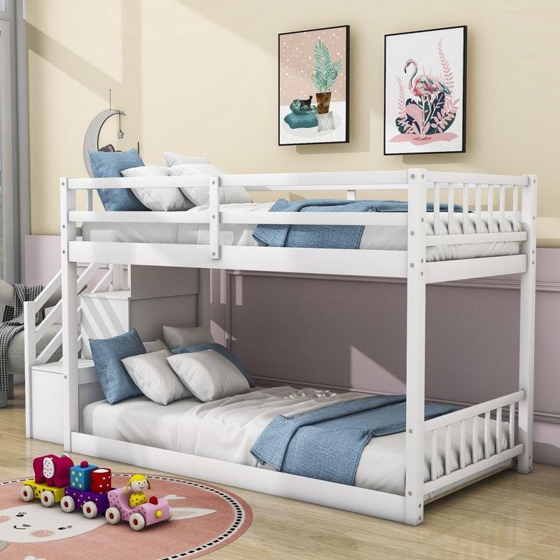 Beyaz Masif Ahşap ve MDF Depolamalı Merdivenli Ranza - 246291
