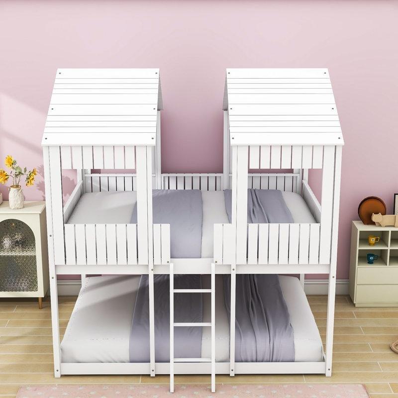 Beyaz Masif Ahşap ve MDF Ev Tasarımlı Merdivenli Ranza - 247050