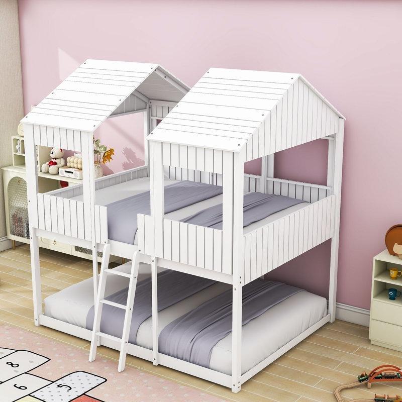 Beyaz Masif Ahşap ve MDF Ev Tasarımlı Merdivenli Ranza - 247050