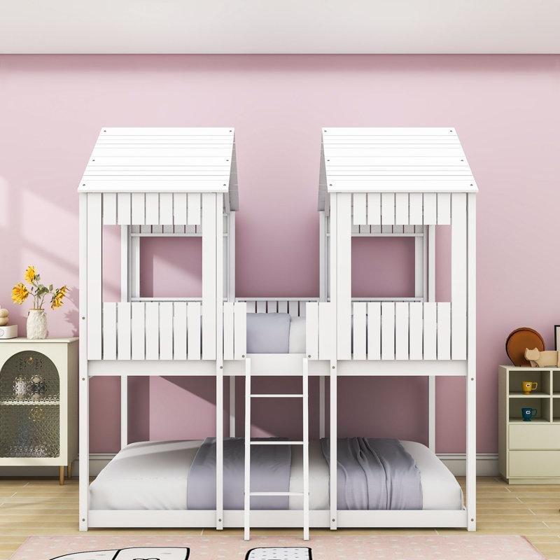 Beyaz Masif Ahşap ve MDF Ev Tasarımlı Merdivenli Ranza - 247050
