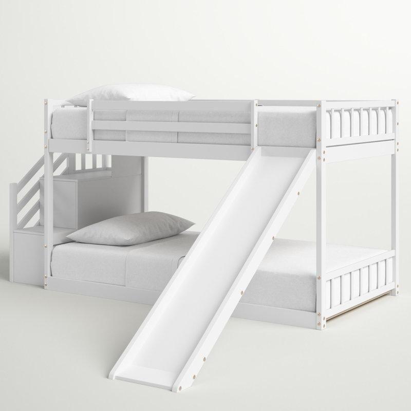 Beyaz Masif Ahşap ve MDF Kaydıraklı Depolamalı Merdivenli Ranza - 199x108 cm - 247501