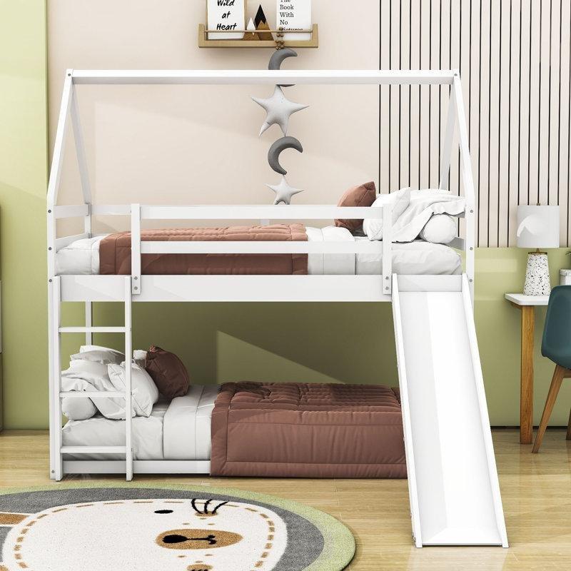 Beyaz Masif Ahşap ve MDF Kaydıraklı Merdivenli Ev Tasarımlı Ranza - 107x196 cm - 247229