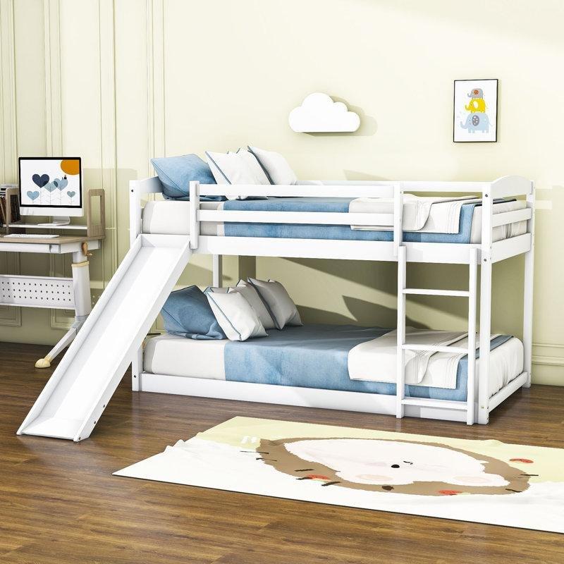 Beyaz Masif Ahşap ve MDF Kaydıraklı Merdivenli Ranza - 215x201 cm - 246684
