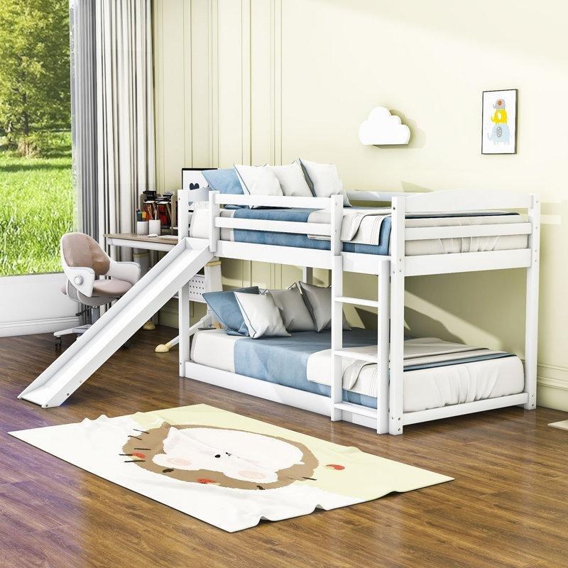 Beyaz Masif Ahşap ve MDF Kaydıraklı Merdivenli Ranza - 215x201 cm - 246684