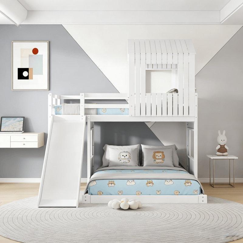 Beyaz Masif Ahşap ve MDF Kaydıraklı ve Yavru Yataklı L Tipi Ev Tasarımlı Ranza - 248697