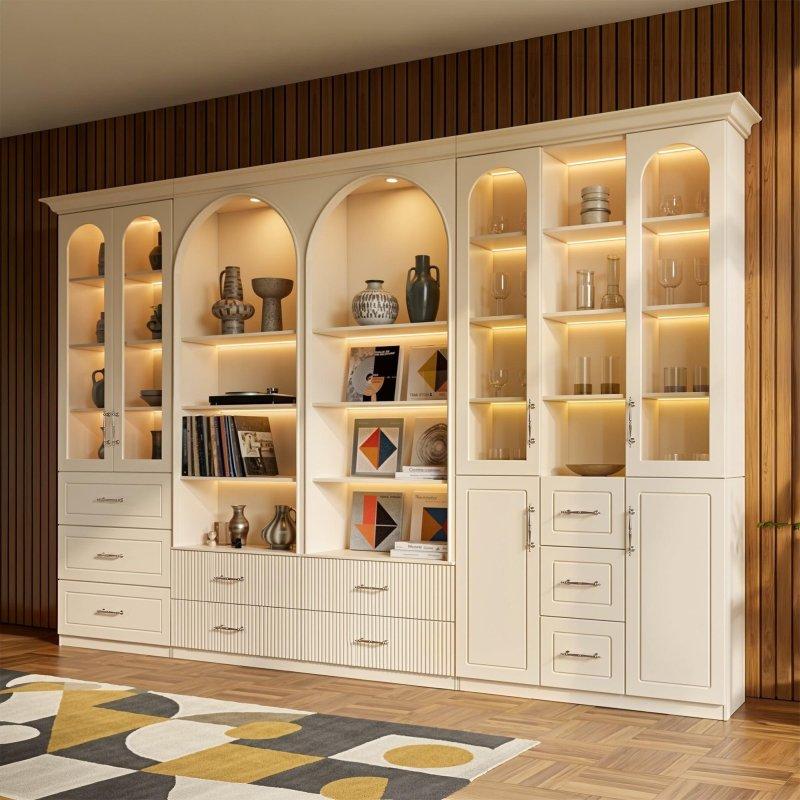 Beyaz Masif Ahşap ve MDF LED Aydınlatmalı Çekmeceli Modüler Cam Kapaklı Kitaplık - 374x49x235 cm - 238921