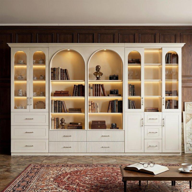 Beyaz Masif Ahşap ve MDF LED Aydınlatmalı Çekmeceli Modüler Cam Kapaklı Kitaplık - 374x49x235 cm - 238921