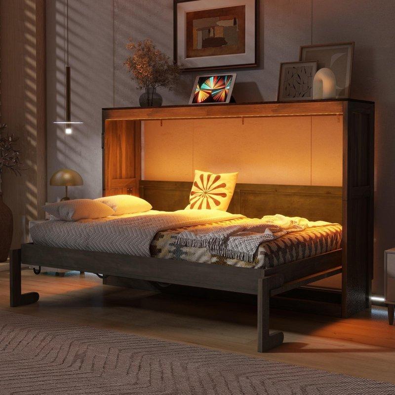 Beyaz Masif Ahşap ve MDF LED Aydınlatmalı Masalı Hidrolik Tek Kişilik Duvar Yatağı - 266952