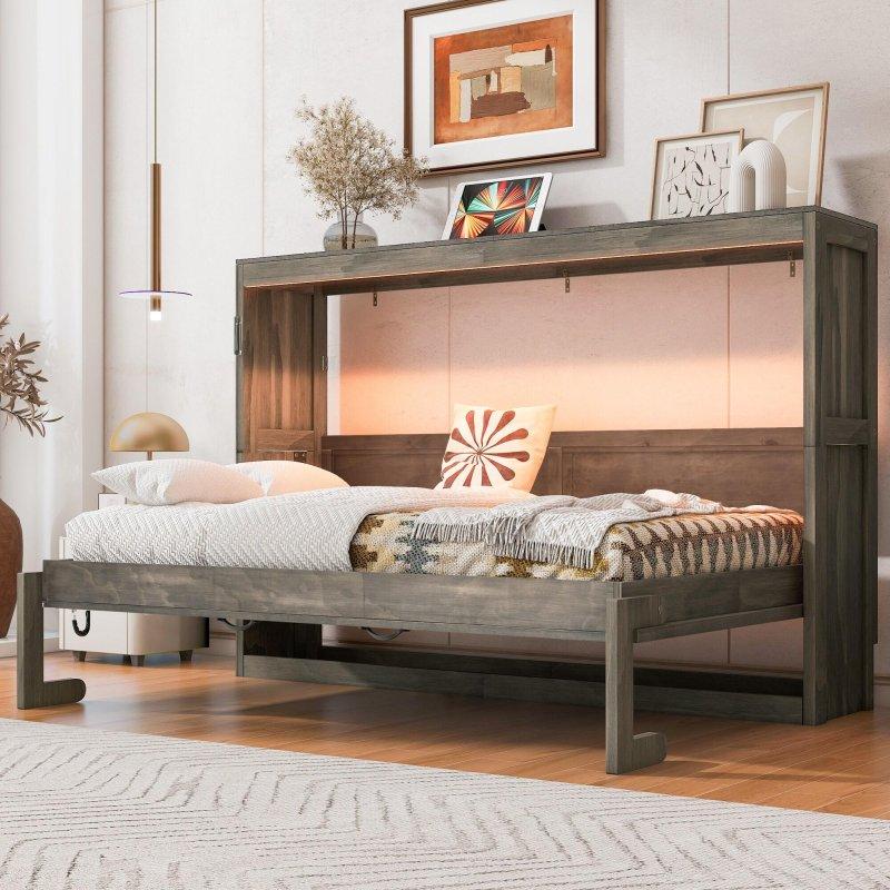 Beyaz Masif Ahşap ve MDF LED Aydınlatmalı Masalı Hidrolik Tek Kişilik Duvar Yatağı - 266952
