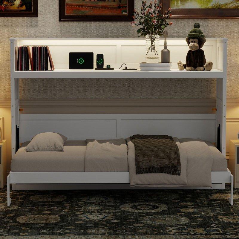 Beyaz Masif Ahşap ve MDF Masalı LED Aydınlatmalı USB Şarjlı Duvar Yatağı - 225x49x146 cm - 265102