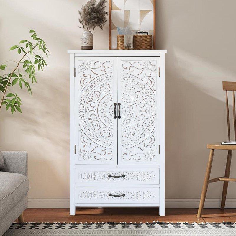 Beyaz Masif Ahşap ve MDF Oymalı 2 Kapaklı 2 Çekmeceli Bohem Konsol - 68x39x123 cm - 325554