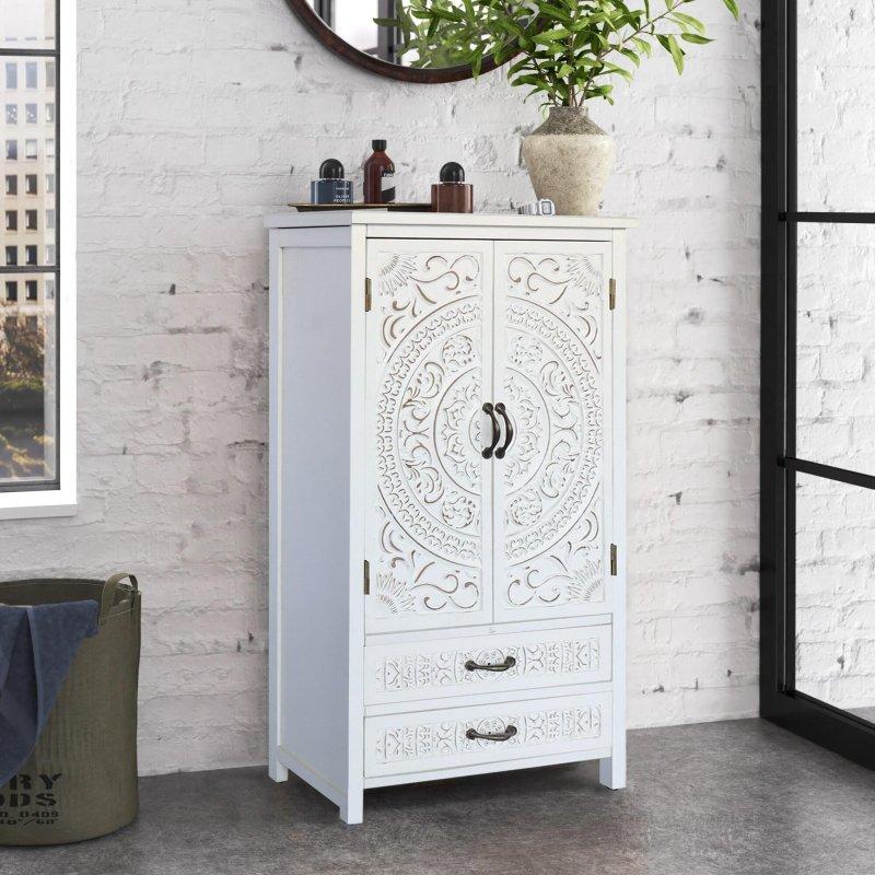 Beyaz Masif Ahşap ve MDF Oymalı 2 Kapaklı 2 Çekmeceli Bohem Konsol - 68x39x123 cm - 325554