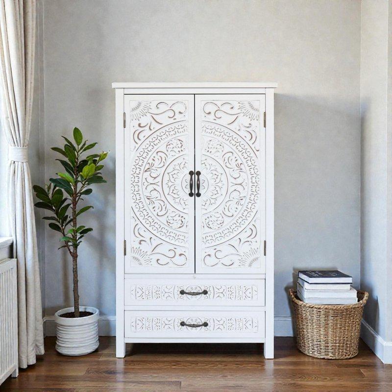 Beyaz Masif Ahşap ve MDF Oymalı Çekmeceli Kapaklı Bohem Konsol - 68x39x123 cm - 325430