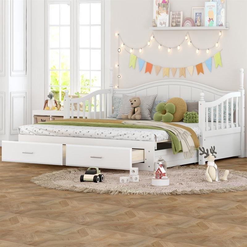 Beyaz Masif Ahşap ve MDF USB Şarj İstasyonlu Raflı Yavru Yataklı Karyola - 329145