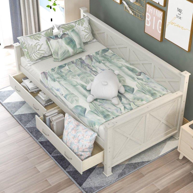 Beyaz Masif Ahşap ve MDF X-Çerçeveli İki Saklama Bölmeli Daybed Karyola - 205x109 cm - 329673