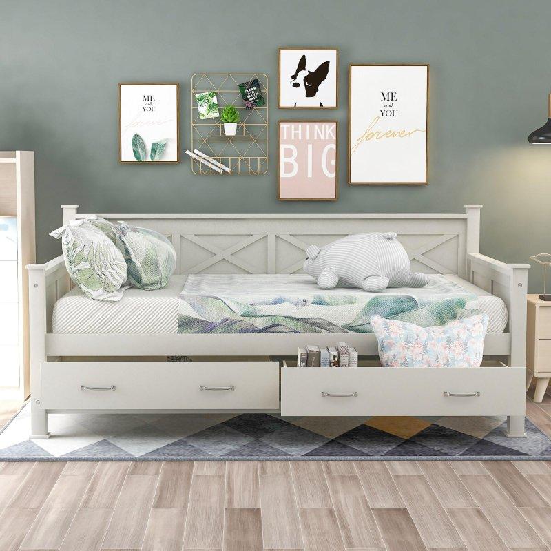 Beyaz Masif Ahşap ve MDF X-Çerçeveli İki Saklama Bölmeli Daybed Karyola - 205x109 cm - 329673