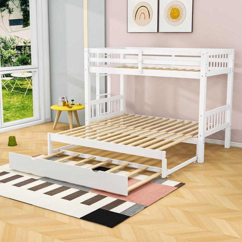 Beyaz Masif Ahşap ve MDF Yavru Yataklı Dahili Merdivenli Ranza - 109x200 cm - 247393