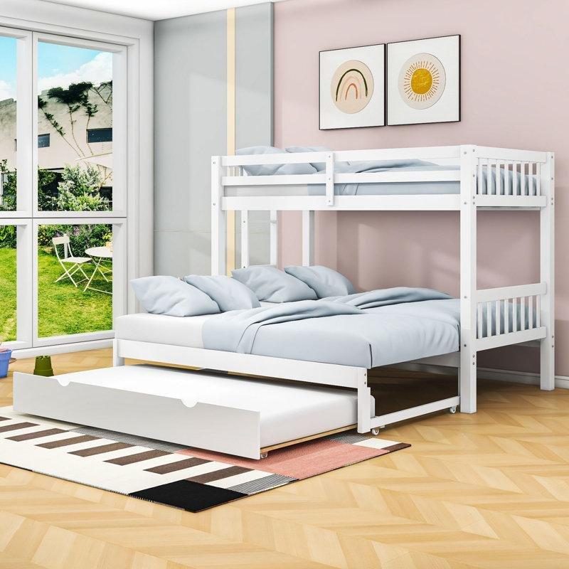 Beyaz Masif Ahşap ve MDF Yavru Yataklı Dahili Merdivenli Ranza - 109x200 cm - 247393