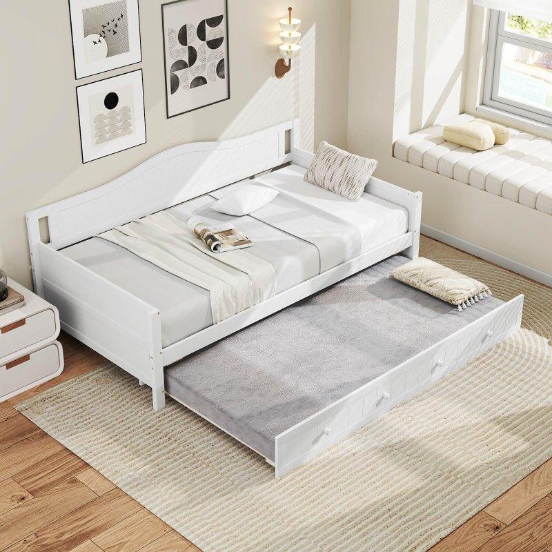 Beyaz Masif Ahşap Yavru Yataklı Daybed Karyola - 202x105 cm - 329958