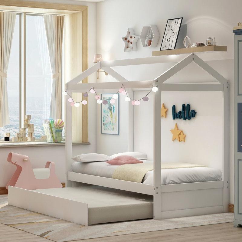 Beyaz Masif Ahşap Yavru Yataklı ve Çalışma Masalı LED Işıklı Ranza - 247785