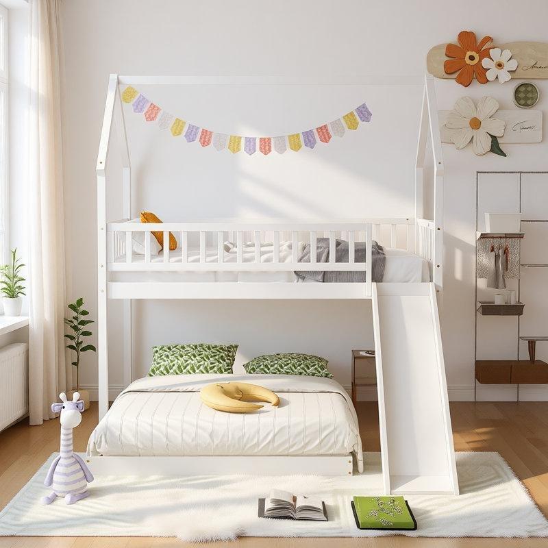 Beyaz Masif Çam Ağacı Kaydıraklı ve Merdivenli Ev Tasarımlı Ranza - 248770