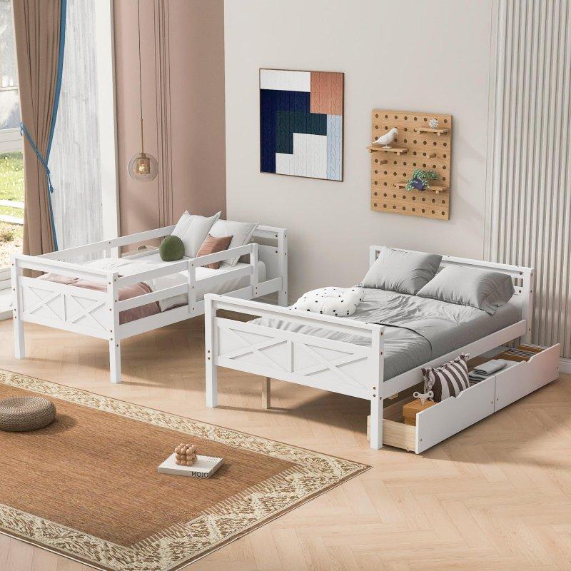 Beyaz Masif Çam Ağacı ve MDF İki Çekmeceli Üst Tek Alt Çift Kişilik Ranza - 249148