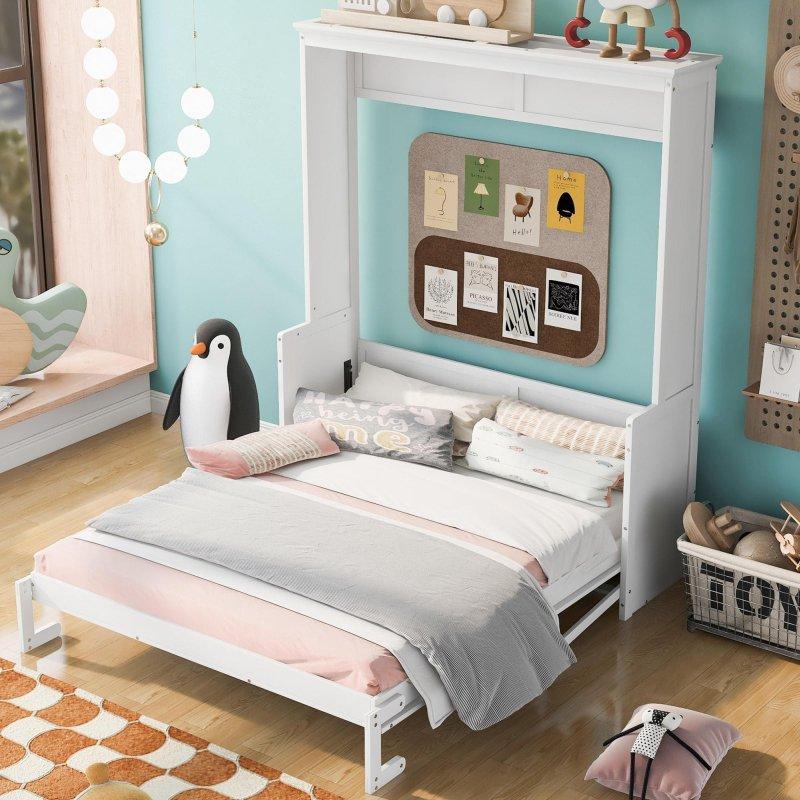 Beyaz Masif Çam Ağacı ve MDF Raflı Duvar Yatağı - 266303