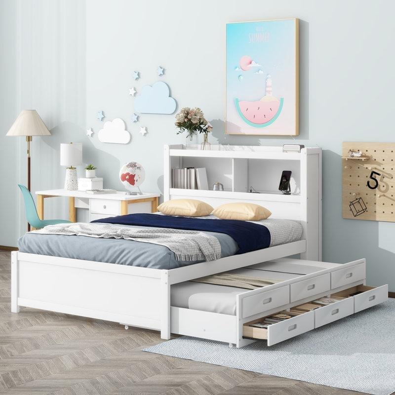 Beyaz Masif Çam Ağacı ve MDF USB Şarjlı 3 Çekmeceli Raflı Yavru Yataklı Karyola - 144x222 cm - 329379