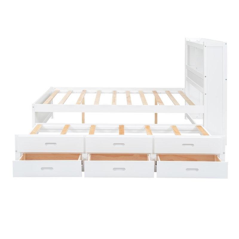 Beyaz Masif Çam Ağacı ve MDF USB Şarjlı 3 Çekmeceli Raflı Yavru Yataklı Karyola - 144x222 cm - 329379