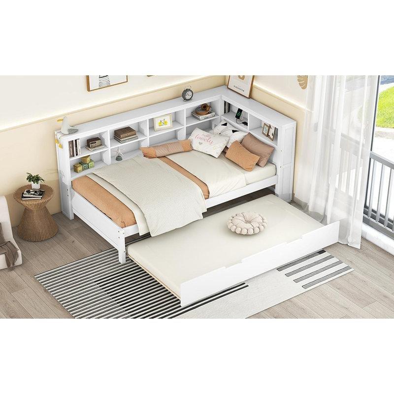 Beyaz Masif Çam Ağacı ve MDF USB Şarjlı Raflı Yavru Yataklı Karyola - 214 cm - 328733