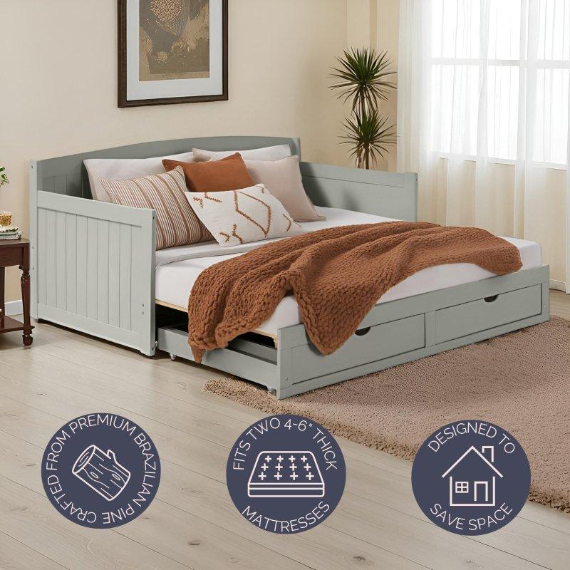 Beyaz Masif Çam Ahşap Çekmeceli ve Kral Yatağa Dönüşen Daybed Karyola - 330524