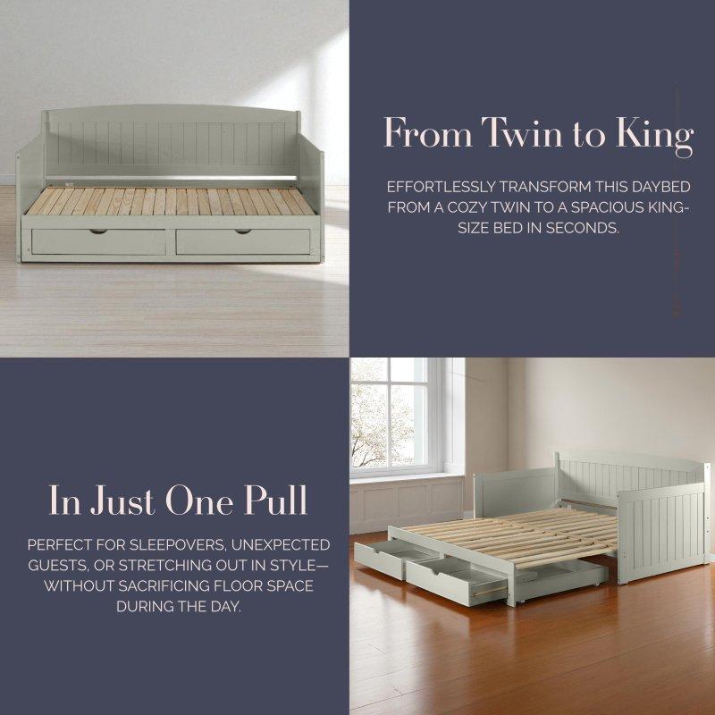 Beyaz Masif Çam Ahşap Çekmeceli ve Kral Yatağa Dönüşen Daybed Karyola - 330524