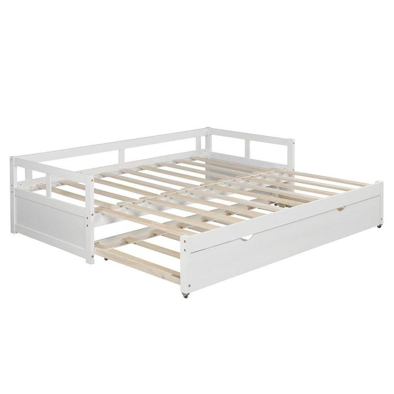 Beyaz Masif Çam Ahşap Genişleyebilir Yavru Yataklı Daybed Karyola - 199x301x59 cm - 330568
