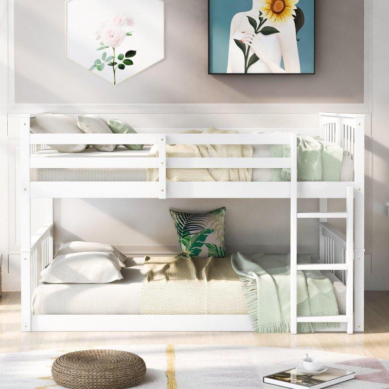 Beyaz Masif Çam Ahşap Korkuluklu Merdivenli Ranza - 202x144x130 cm - 249215