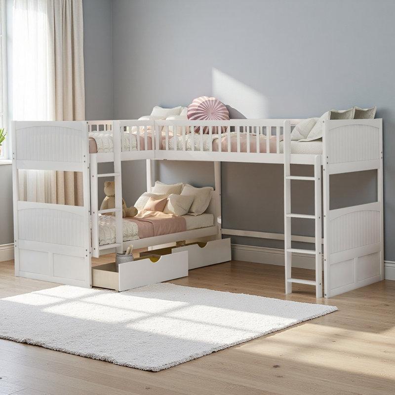 Beyaz Masif Çam Ahşap L-Şekilli Çekmeceli Loftlu Üç Kişilik Ranza - 246804