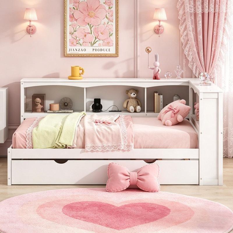 Beyaz Masif Çam Ahşap Raflı USB Portlu Yavru Yataklı Karyola - 220x129 cm - 329045