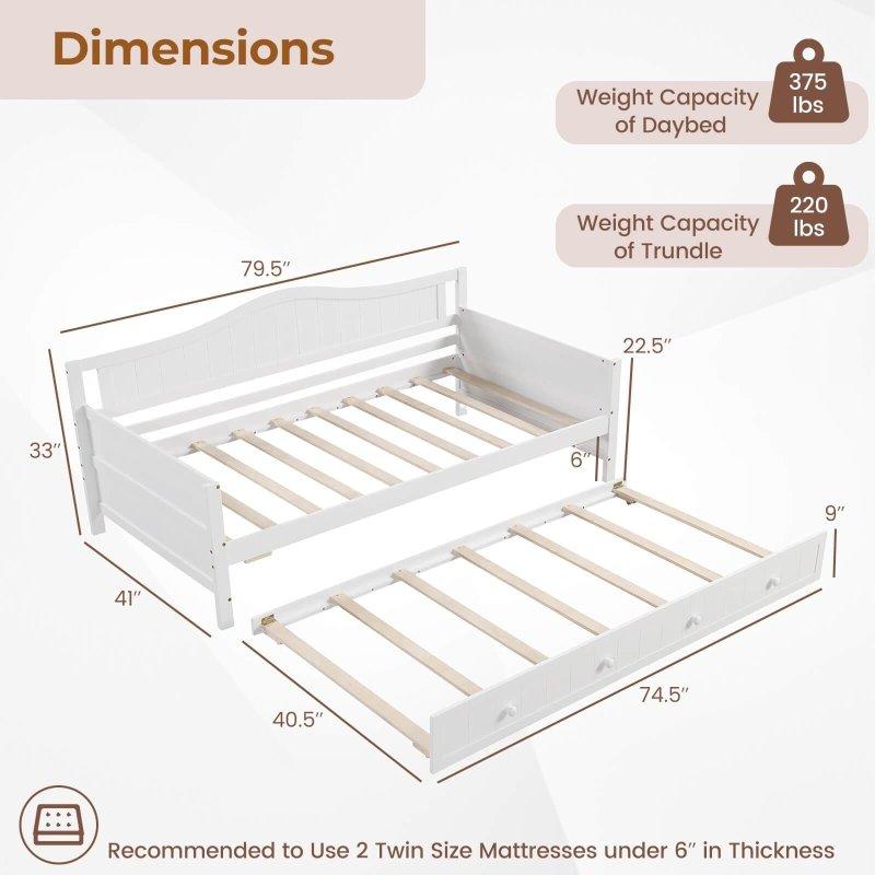 Beyaz Masif Çam Ahşap Yavru Yataklı Daybed Karyola - 202x105 cm - 329847