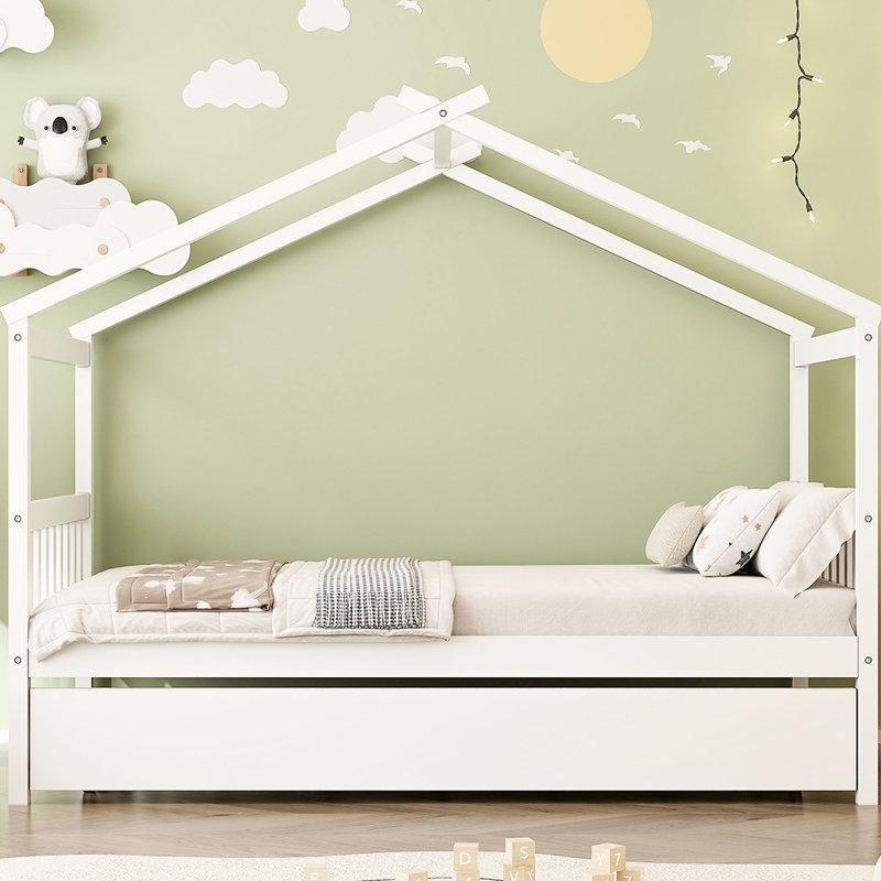 Beyaz Masif Çam Çatılı Ev Şeklinde Yavru Yataklı Karyola - 202x109 cm - 329375