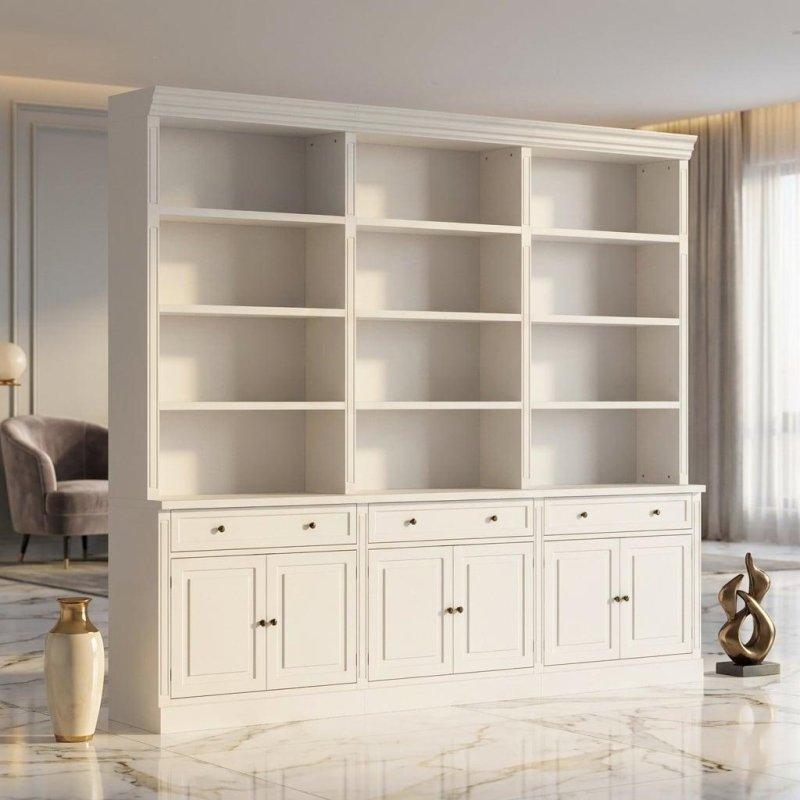 Beyaz Masif Çam Üst Tablalı Çekmeceli ve Kapaklı 12 Raflı Kitaplık - 261 cm - 320666