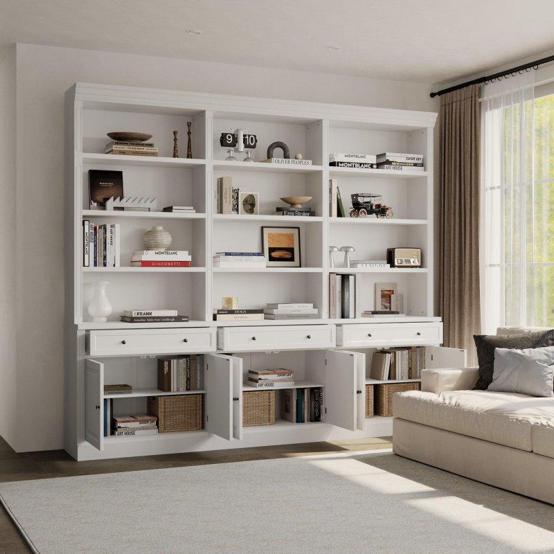 Beyaz Masif Çam Üst Tablalı Çekmeceli ve Kapaklı 12 Raflı Kitaplık - 261 cm - 320666