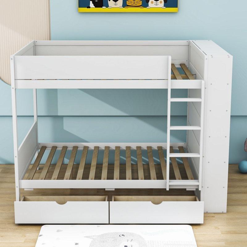 Beyaz Masif Çam ve MDF 2 Çekmeceli Raflı Dolaplı Ranza - 145x196 cm - 248344