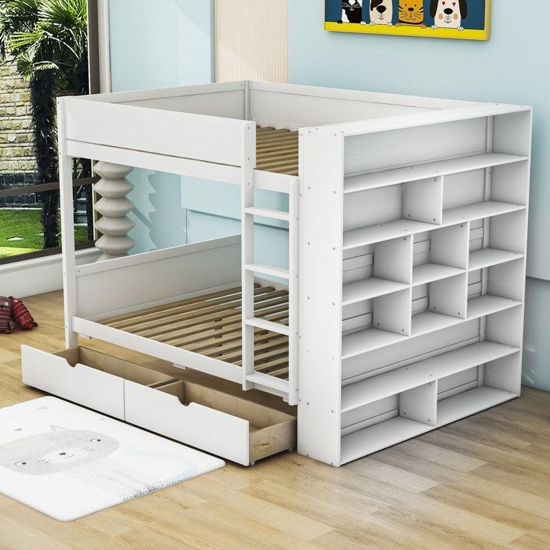 Beyaz Masif Çam ve MDF 2 Çekmeceli Raflı Dolaplı Ranza - 145x196 cm - 248344
