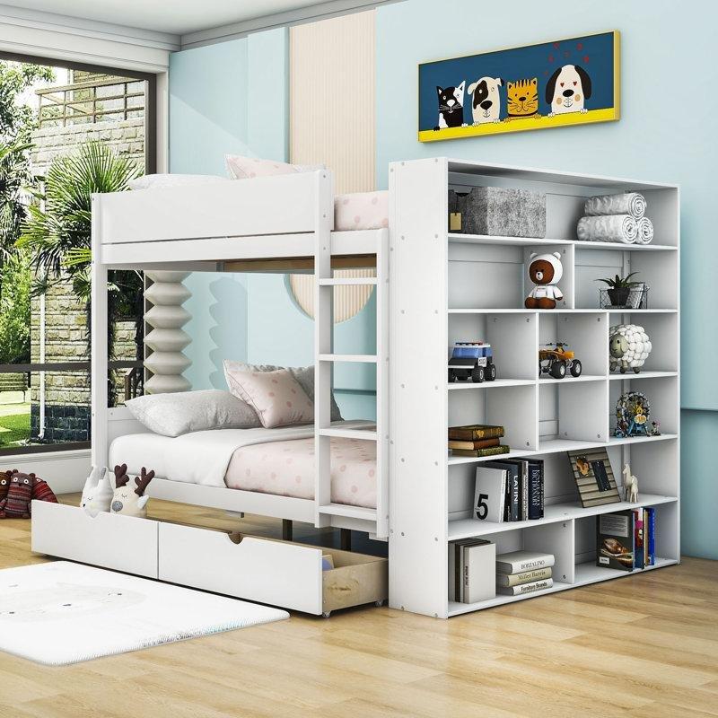 Beyaz Masif Çam ve MDF 2 Çekmeceli Raflı Dolaplı Ranza - 145x196 cm - 248344