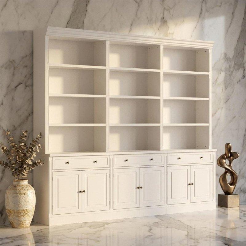 Beyaz Masif Çam ve MDF 6 Kapaklı Çekmeceli Bronz Kulplu Kitaplık - 261x231 cm - 312077