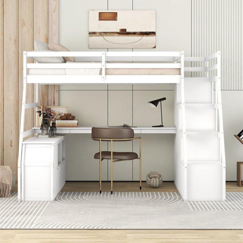 Beyaz Masif Çam ve MDF Çalışma Masalı 7 Çekmeceli 2 Raflı Ranza - 250037