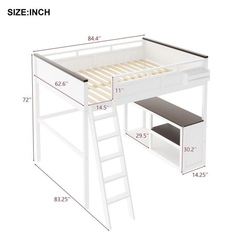 Beyaz Masif Çam ve MDF Çalışma Masalı ve Raflı USBli Ranza - Queen Size - 249464