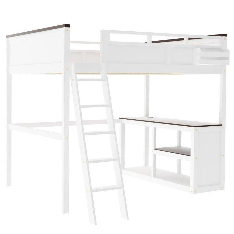 Beyaz Masif Çam ve MDF Çalışma Masalı ve Raflı USBli Ranza - Queen Size - 249464