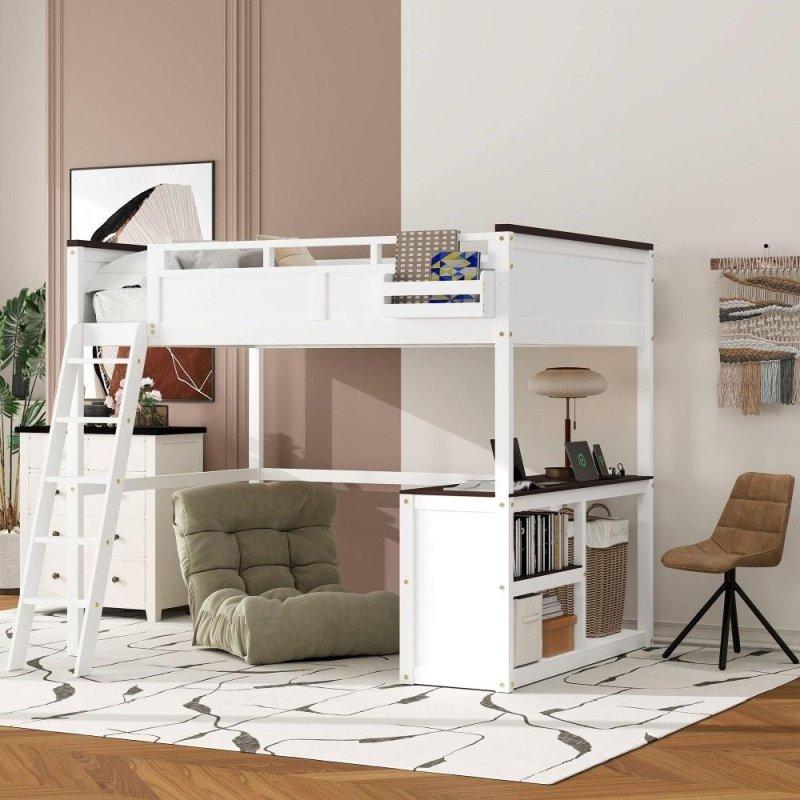 Beyaz Masif Çam ve MDF Çalışma Masalı ve Raflı USBli Ranza - Queen Size - 249464