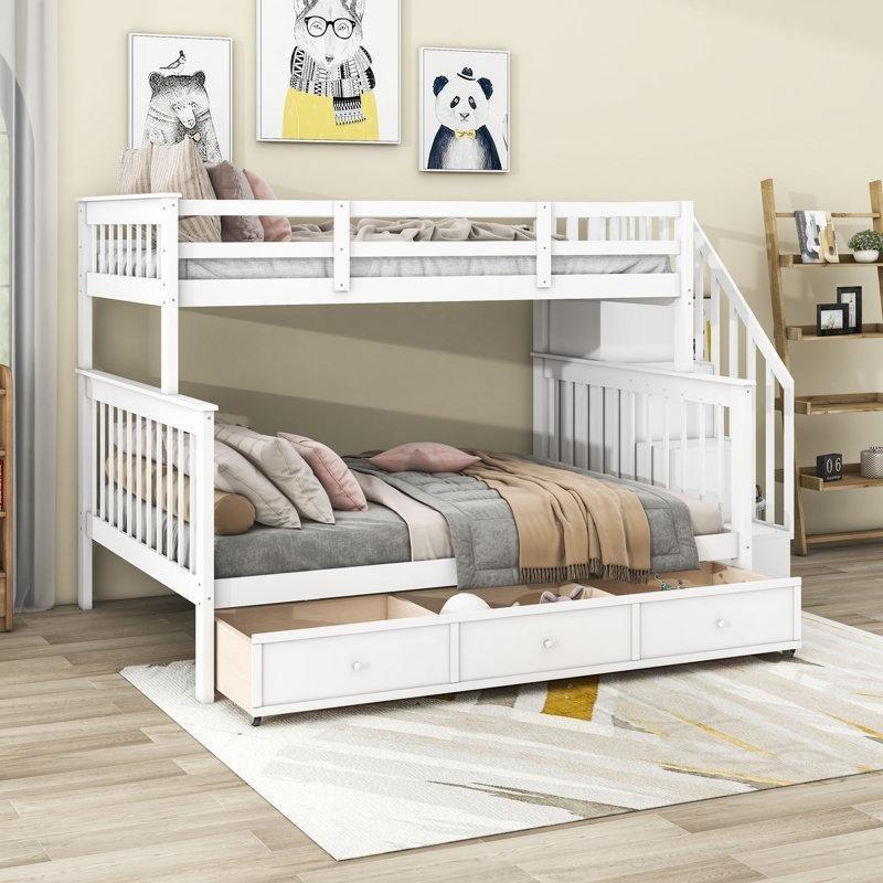 Beyaz Masif Çam ve MDF Çekmeceli Raflı Ayrılabilen Ranza - 138x232 cm - 247465